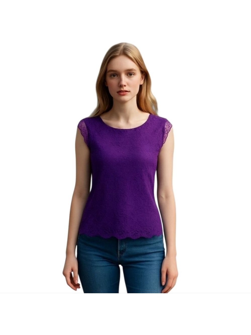 NEW York & Co Purple Lace Sleeveless Round Neck Blouse Top Shirt Rayon Blend